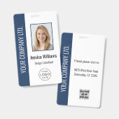 Custom Employee Photo, Bar Code, Logo, Name Blue バッジ (正面＆裏面)
