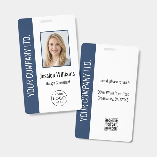 Custom Employee Photo, Bar Code, Logo, Name Blue バッジ (正面＆裏面)