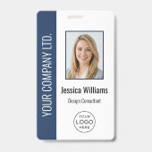 Custom Employee Photo, Bar Code, Logo, Name Blue バッジ (正面)