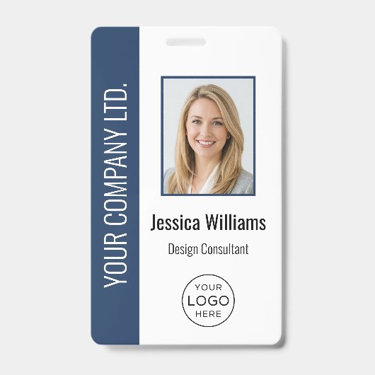 Custom Employee Photo, Bar Code, Logo, Name Blue バッジ (正面)