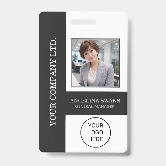 Custom Employee Photo, Logo, Name, Black   バッジ (正面)