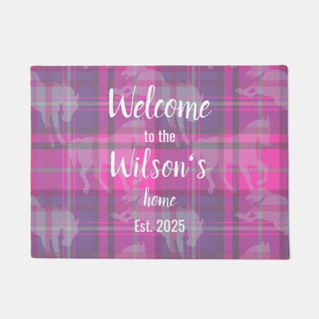 Custom Equestrian Tartan Family Welcome Coir Mat ドアマット (正面)