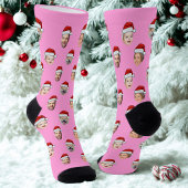 Custom Face Santa Hat Pink Socks, 4 Photos Pink ソックス