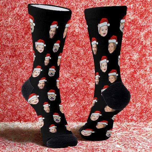 Custom Face Socks, Santa Hat 4 Photos Christmas ソックス