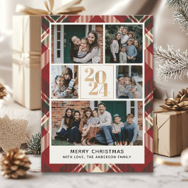 Custom Family Christmas card with 5 Photos Tartan  招待状
