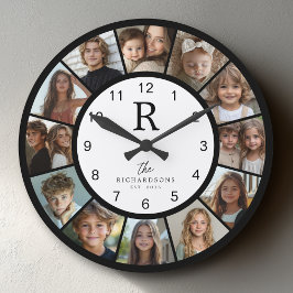 Custom Family Monogram Name Year 12 Photo Collage ラージ壁時計