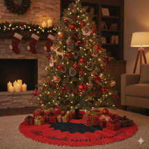 Custom Family Name Black Red Christmas Tree Skirt