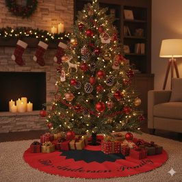Custom Family Name Black Red Christmas Tree Skirt フェイクリネンツリースカート