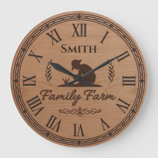 Custom Family Name Clock – Farmer Planting Scene ラージ壁時計 (正面)