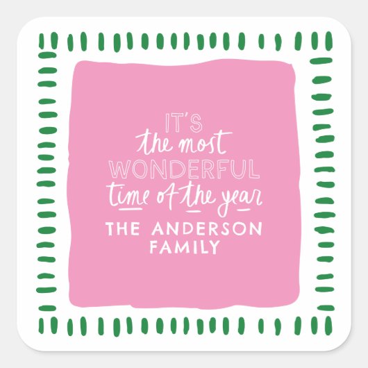 Custom Family Name Modern Pink & Green Christmas スクエアシール (正面)