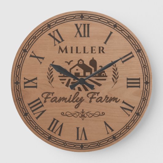 Custom Family Name Wall Clock – Farmhouse Scene  ラージ壁時計 (正面)