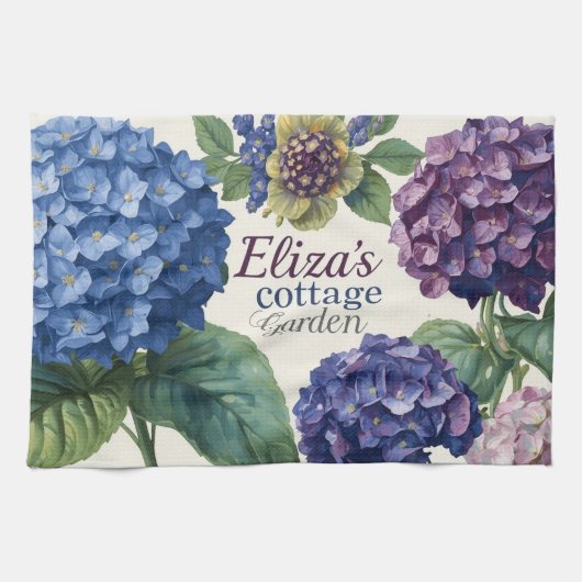 Custom Family Name Watercolor Hydrangea キッチンタオル (横)