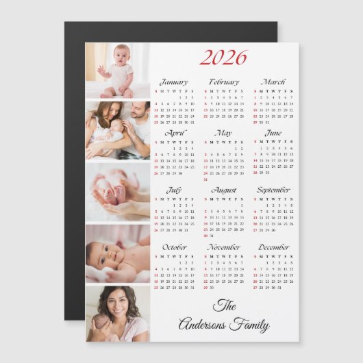 Custom Family Photo Collage 2026 Calendar Magnet (正面/裏面)