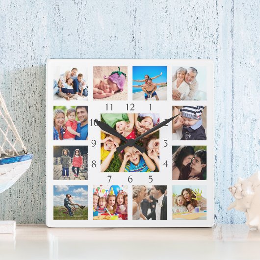 Custom Family Photo Collage Personalized White スクエア壁時計