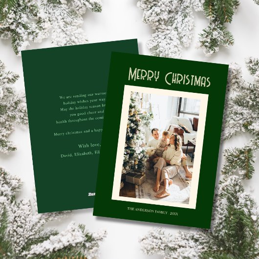 Custom family photo green merry christmas Card シーズンカード