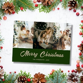 custom family photo green merry christmas Card シーズンカード
