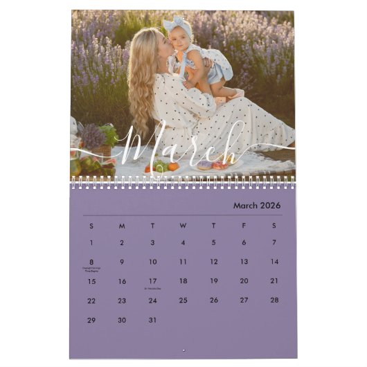 Custom Family Photo | Personalized Dusty Purple カレンダー (3月 2026)