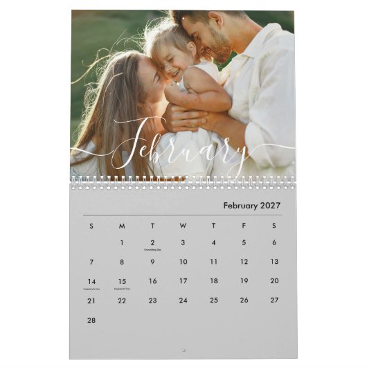 Custom Family Photo | Personalized Modern Gray カレンダー (2月 2027)