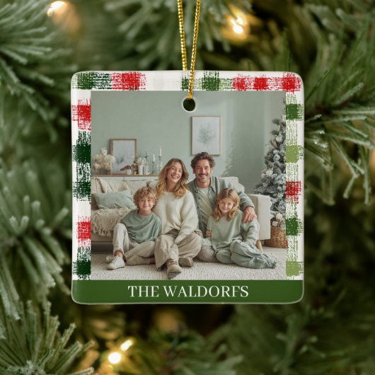 Custom Family Photo Red and Green Plaid Ornament セラミックオーナメント (ツリー)