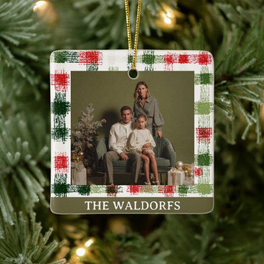 Custom Family Photo Red and Green Plaid Ornament セラミックオーナメント (ツリー)