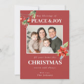 Custom Family Photo Red Poinsettia Christmas シーズンカード (正面)