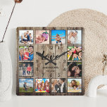 Custom Family Photo Rustic Farmhouse Love Script スクエア壁時計<br><div class="desc">Create your own personalized 12 photo collage wall clock with your custom images on a rustic farmhouse style wooden plank background. The clock face also features your family name, established year and a "Love" handwritten script. Add your favorite photos, designs or artworks to create something really unique. To edit this...</div>