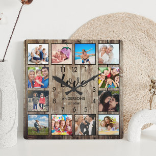 Custom Family Photo Rustic Farmhouse Love Script スクエア壁時計