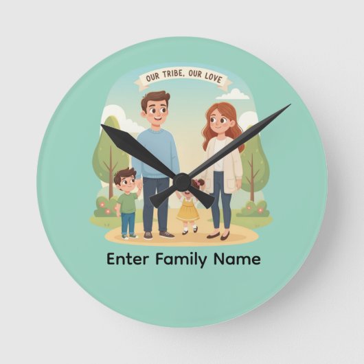 Custom Family Portrait Our Tribe Our Love ラウンド壁時計 (正面)