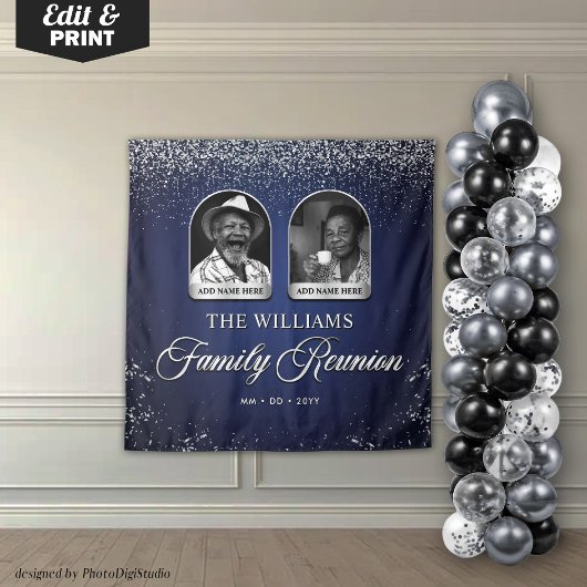 Custom Family Reunion Banner, 2 Photo Blue Silver  タペストリー