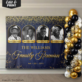 Custom Family Reunion Banner, 7 Photo Blue Gold タペストリー