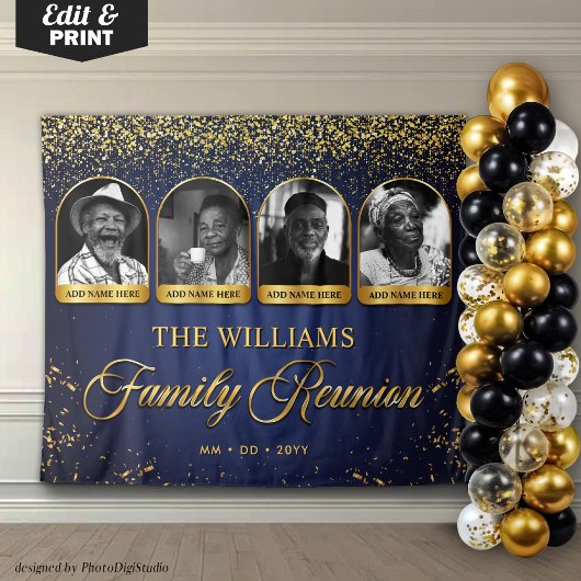 Custom Family Reunion Banner, 7 Photo Blue Gold タペストリー
