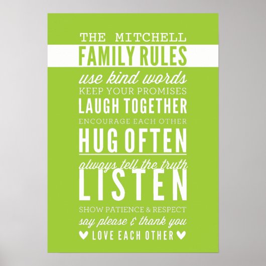 CUSTOM FAMILY RULES modern typography lime green ポスター (正面)