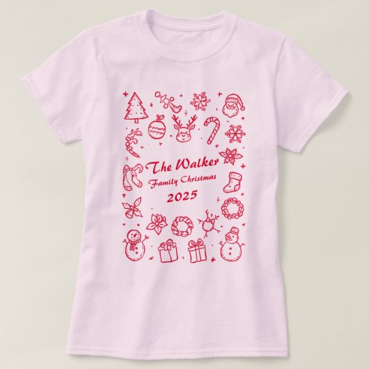 Custom Family Year Christmas Hand Drawn Doodles Tシャツ (デザイン正面)