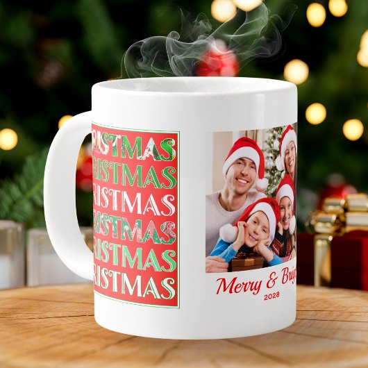 Custom Festive Red Green Christmas Photo ジャンボコーヒーマグカップ