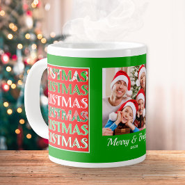 Custom Festive Red Green Christmas Photo ジャンボコーヒーマグカップ