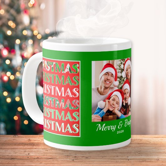 Custom Festive Red Green Christmas Photo ジャンボコーヒーマグカップ