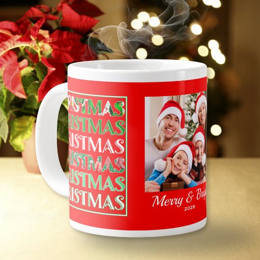Custom Festive Red Green Christmas Photo ジャンボコーヒーマグカップ