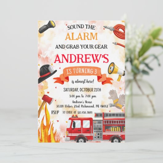 Custom Fire truck Birthday party 招待状 (スタンド正面)