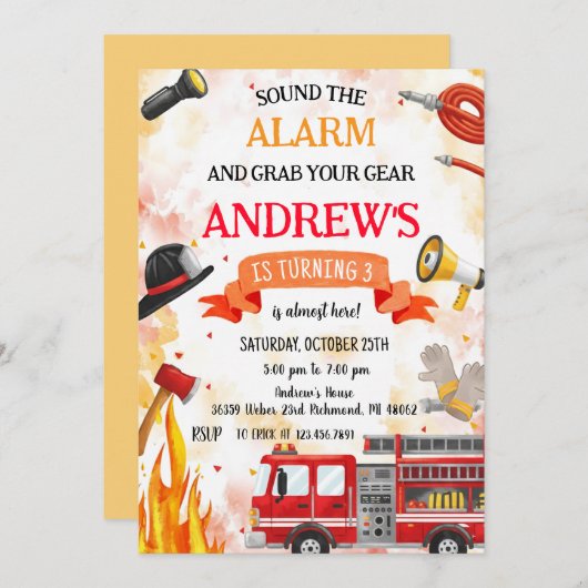 Custom Fire truck Birthday party 招待状 (正面/裏面)