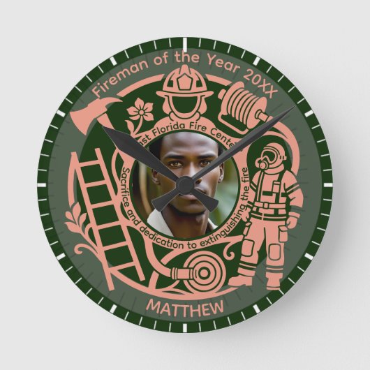 Custom Fireman Year Award Photo Clock ラウンド壁時計 (正面)