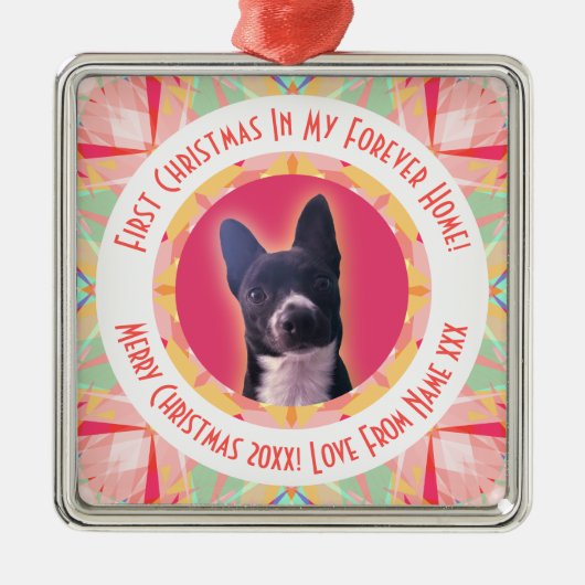 Custom First Christmas Star Modern Winter Red Pink メタルオーナメント (正面)