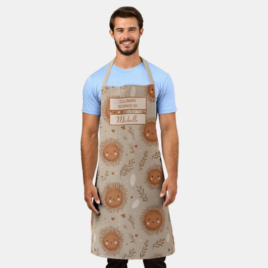 Custom Floral Apron – Culinary Science by [Name] エプロン (着用した状態)