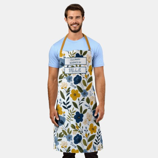 Custom Floral Apron – Culinary Science by [Name] エプロン (着用した状態)