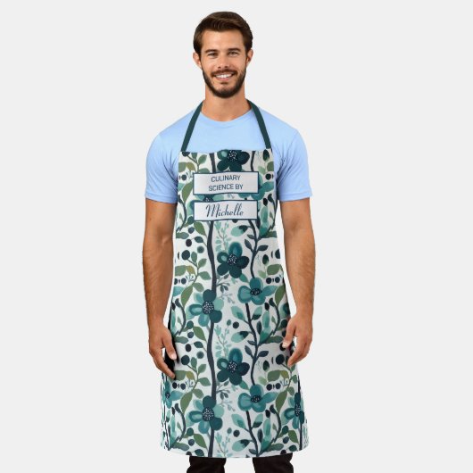Custom Floral Apron – Culinary Science by [Name] エプロン (着用した状態)