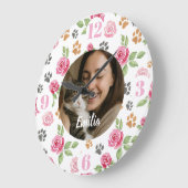 Custom Floral Cat Mom Wall Clock with Photo  ラージ壁時計 (傾斜)