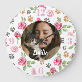 Custom Floral Cat Mom Wall Clock with Photo  ラージ壁時計
