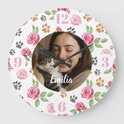 Custom Floral Cat Mom Wall Clock with Photo  ラージ壁時計 (正面)