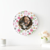 Custom Floral Cat Mom Wall Clock with Photo  ラージ壁時計 (ホーム)