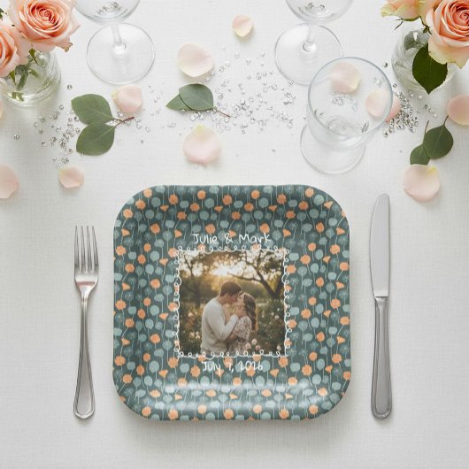 Custom Floral Doodle Photo Engagement Paper Plates ペーパープレート