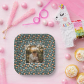 Custom Floral Doodle Photo Engagement Paper Plates ペーパープレート (パーティー)